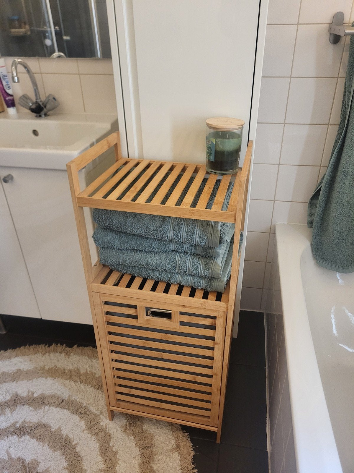 bamboe badkamerkast / wasmand, Huis en Inrichting, Ophalen, (Half)hoge kast, Minder dan 50 cm, Zo goed als nieuw