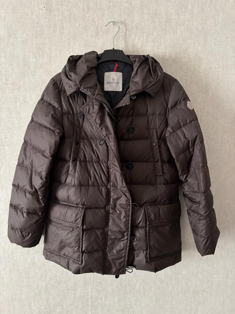 Moncler dames winterjas met capuchon - Maat L, Ophalen of Verzenden, Zo goed als nieuw, Maat 42/44 (L), Bruin