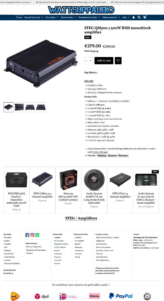 STEG QM500.1 500W RMS Monoblok versterker, Auto diversen, Autospeakers, Hifi-Focus, Aalsmeerderweg 173 1432 CL, Aalsmeer, Nieuw