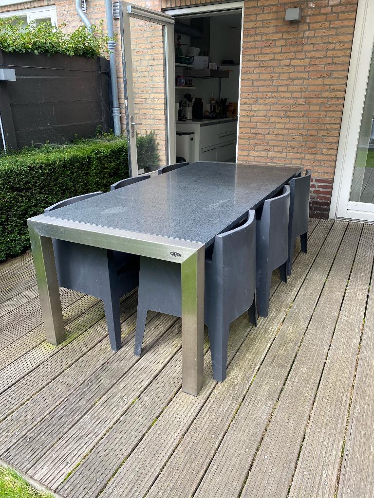Tuinset natuursteen blad RVS frame 6x driade toy stoel zwart, Ophalen, Gebruikt, 6 zitplaatsen, Rvs