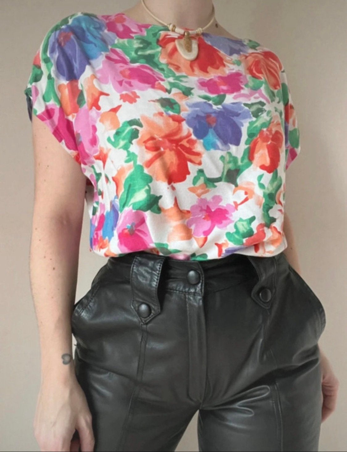 90s vintage print blouse, S/M. Bloem pastel boho bohemian, Vintage, Korte mouw, Maat 36 (S), Gedragen