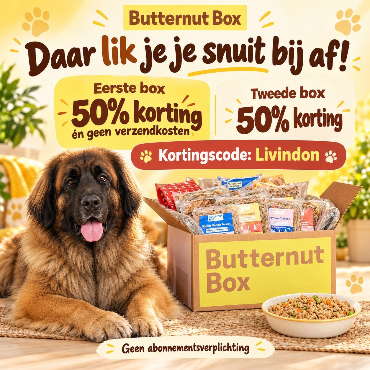 Butternut box 2x 50% korting!, Tickets en Kaartjes, Eén persoon, Kortingsbon, Overige typen