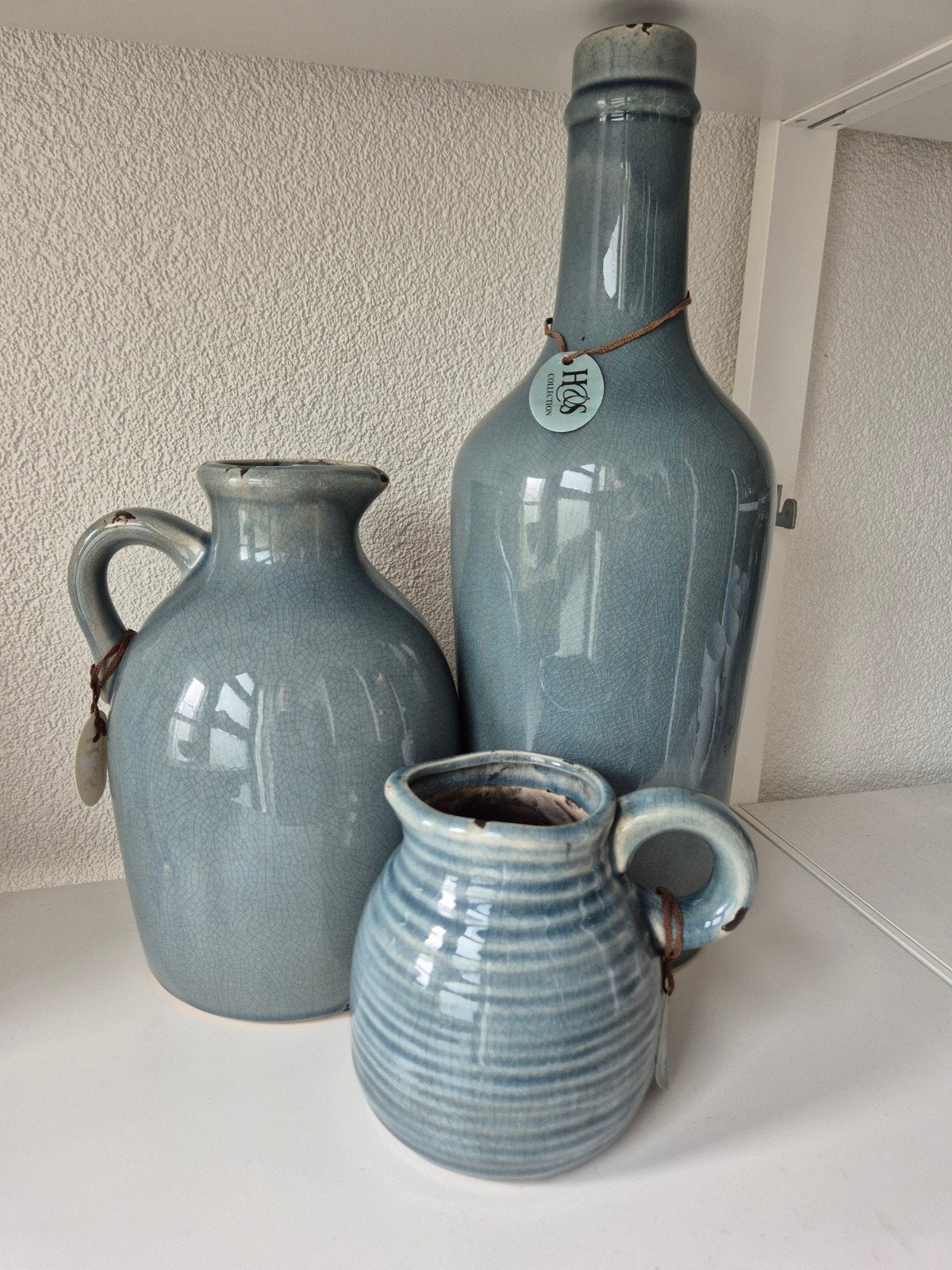 Set van 3 blauwgrijze vazen/kruiken - H&S Collection, Ophalen, Blauw, Met handvat, Zo goed als nieuw