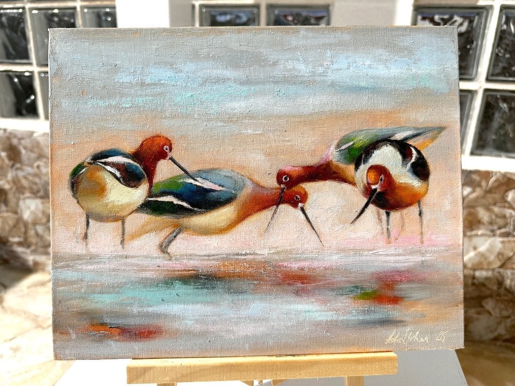 Olieverf schilderijen: Amerikaanse Avocets, Zeevogels, Minder dan 50 cm, Oorspronkelijke maker, Nieuw, Ophalen of Verzenden