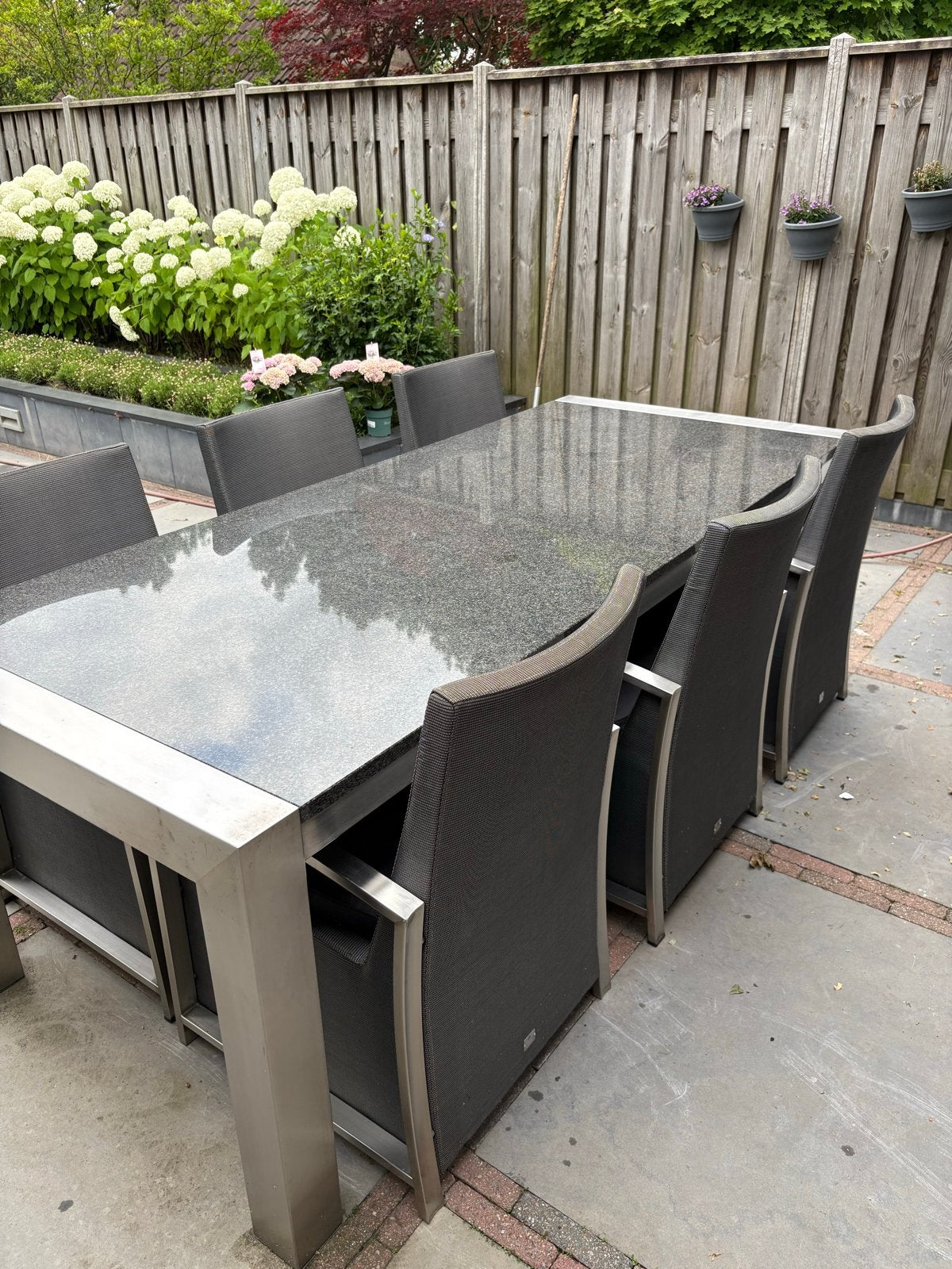 Grote tuintafel met granieten blad en 6 stoelen, Ophalen, Gebruikt, Rechthoekig, Metaal