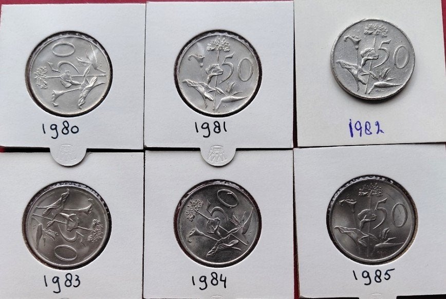 6 x Zuid-Afrika 50 cents, 1980 - 1988, Postzegels en Munten, Ophalen of Verzenden, Zuid-Afrika, Setje