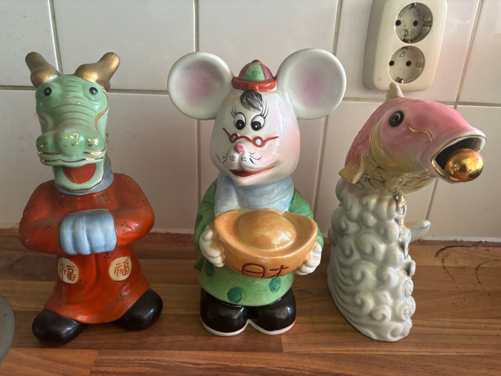 Set van 5 Chinese beeldjes: Draak, Muis, Vis en Foo Dogs, Ophalen, Gebruikt, Dier
