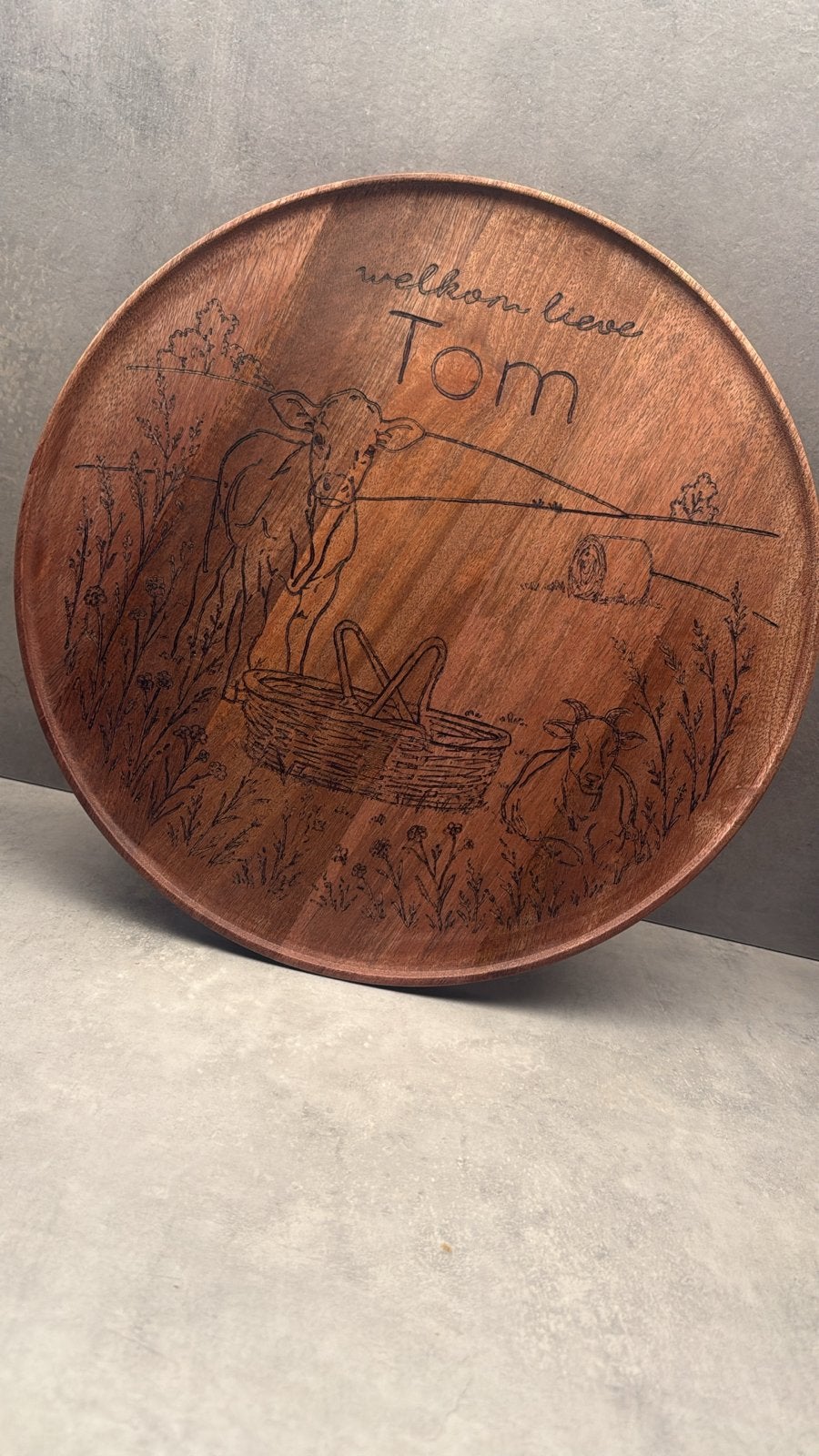 Gepersonaliseerd Houten Dienblad of borrelplank, Rond, Nieuw, Ophalen of Verzenden, Handgemaakt