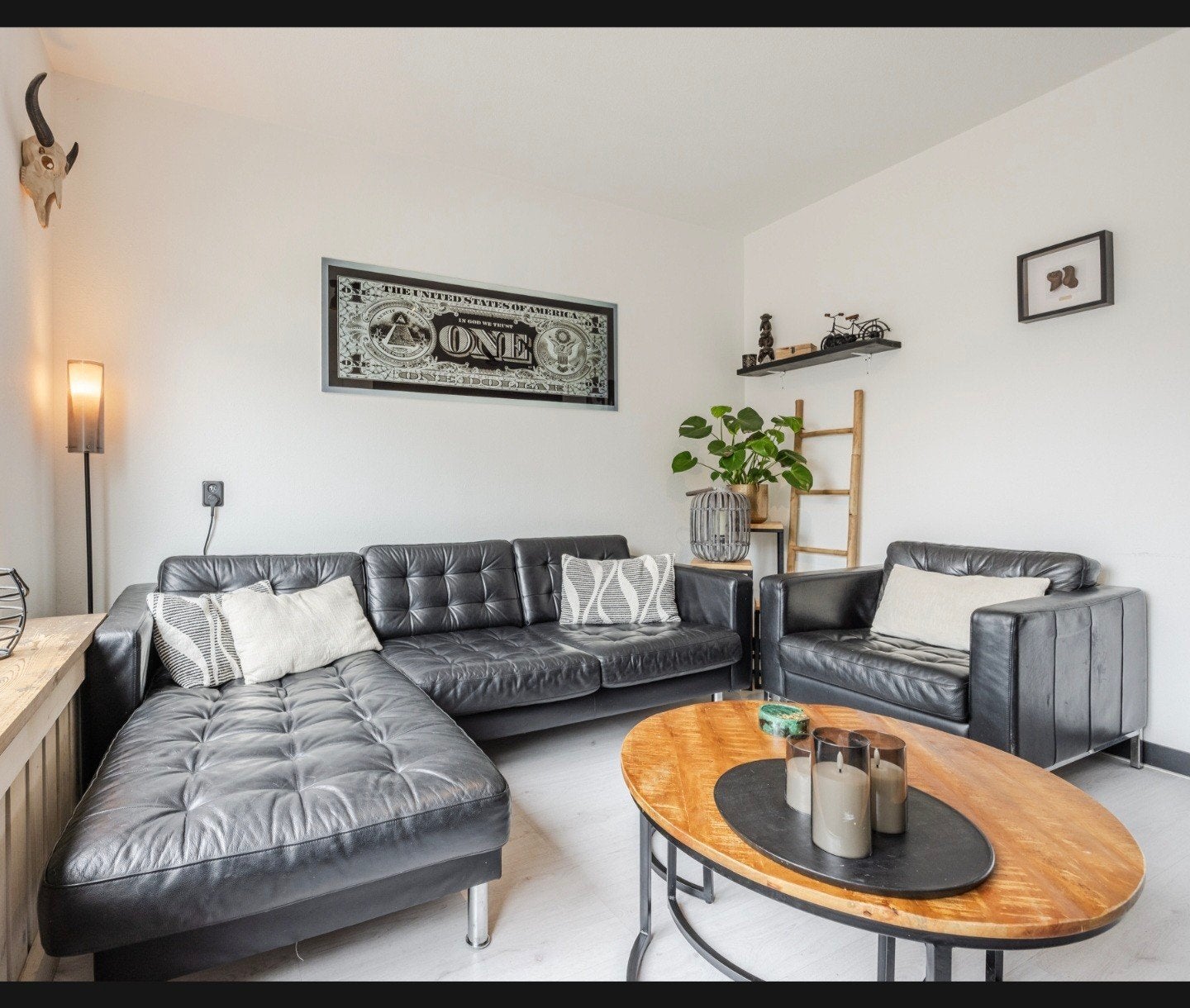 Zwarte leren hoekbank met chaise longue en fauteuil, Gebruikt, Hoekbank, Leer, Ophalen of Verzenden