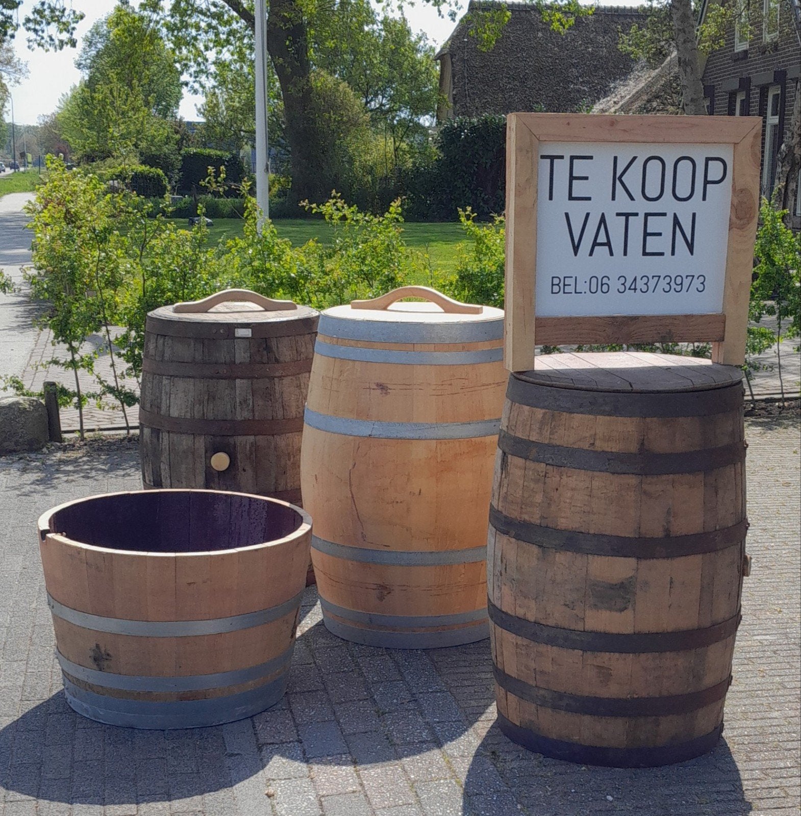 Diverse houten vaten te koop - Ideaal voor decoratie/tuin, Ophalen, Gebruikt, Rond, Binnen