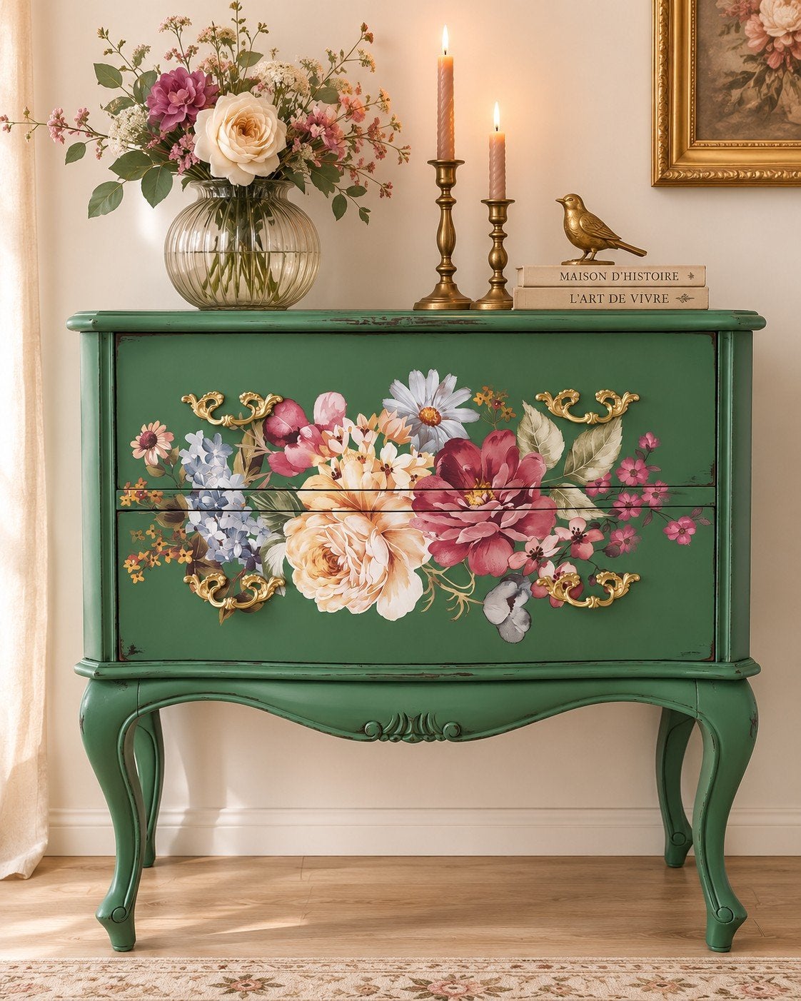 Prachtig groen gerestyled antiek Frans ladenkastje, Ophalen, Antiek, chique, kastje, brocante, vintage,landelijk, 50 tot 100 cm