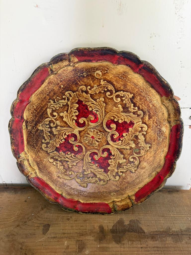 Vintage jaren ‘60 Florentijns dienblad rood en goud, Ophalen of Verzenden, Zo goed als nieuw, Rond