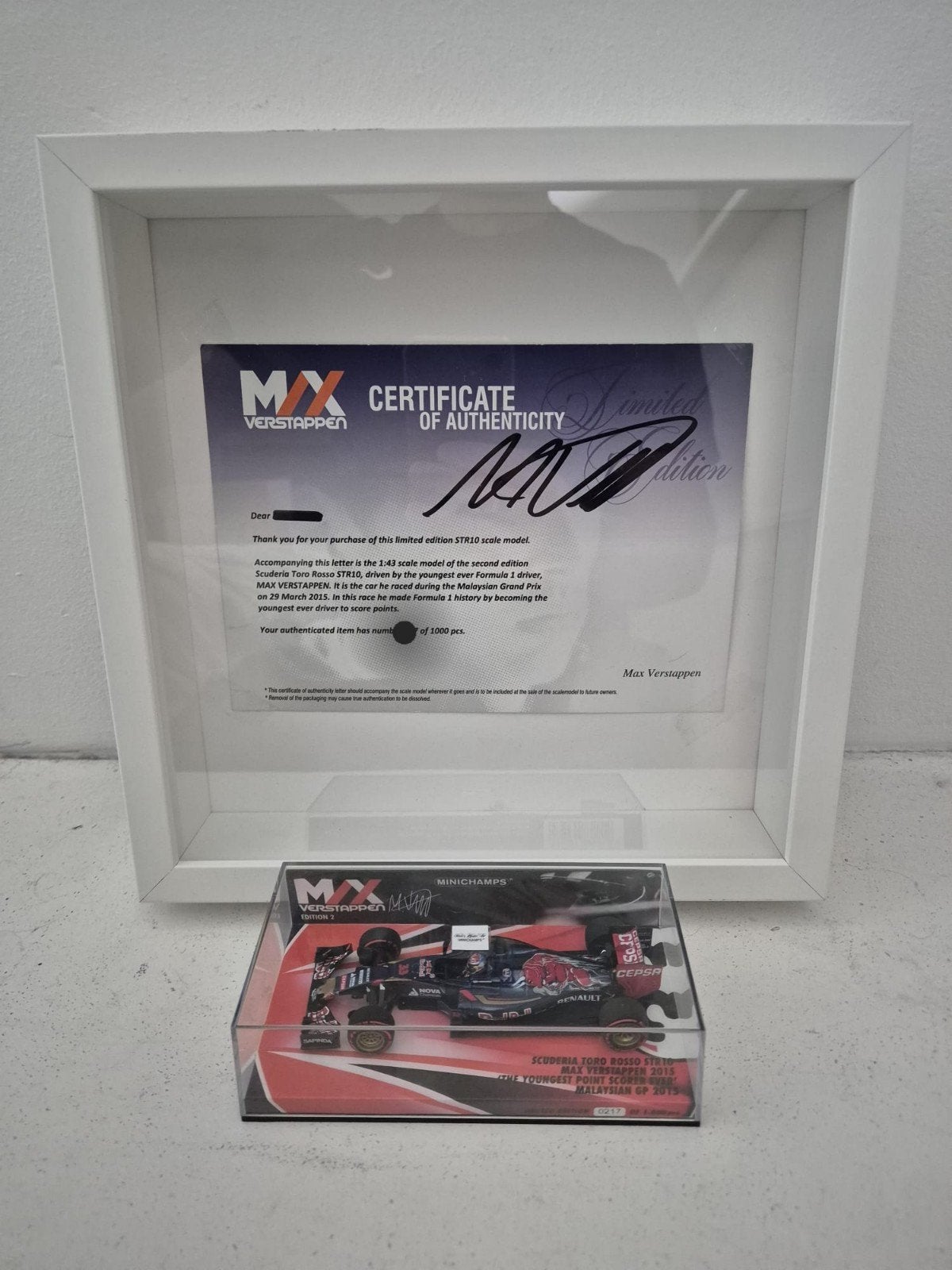 MAX VERSTAPPEN 1:43 TORO ROSSO STR10 EDITIE 2 MALEISIE 2015, Ophalen, Nieuw, Auto, MiniChamps