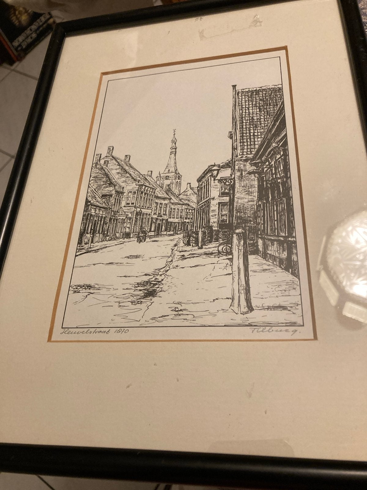 Tekening Heuvelstraat Tilburg 1970 - Ingelijst, Antiek en Kunst, Kunst | Tekeningen en Foto's, Ophalen of Verzenden, Tekening