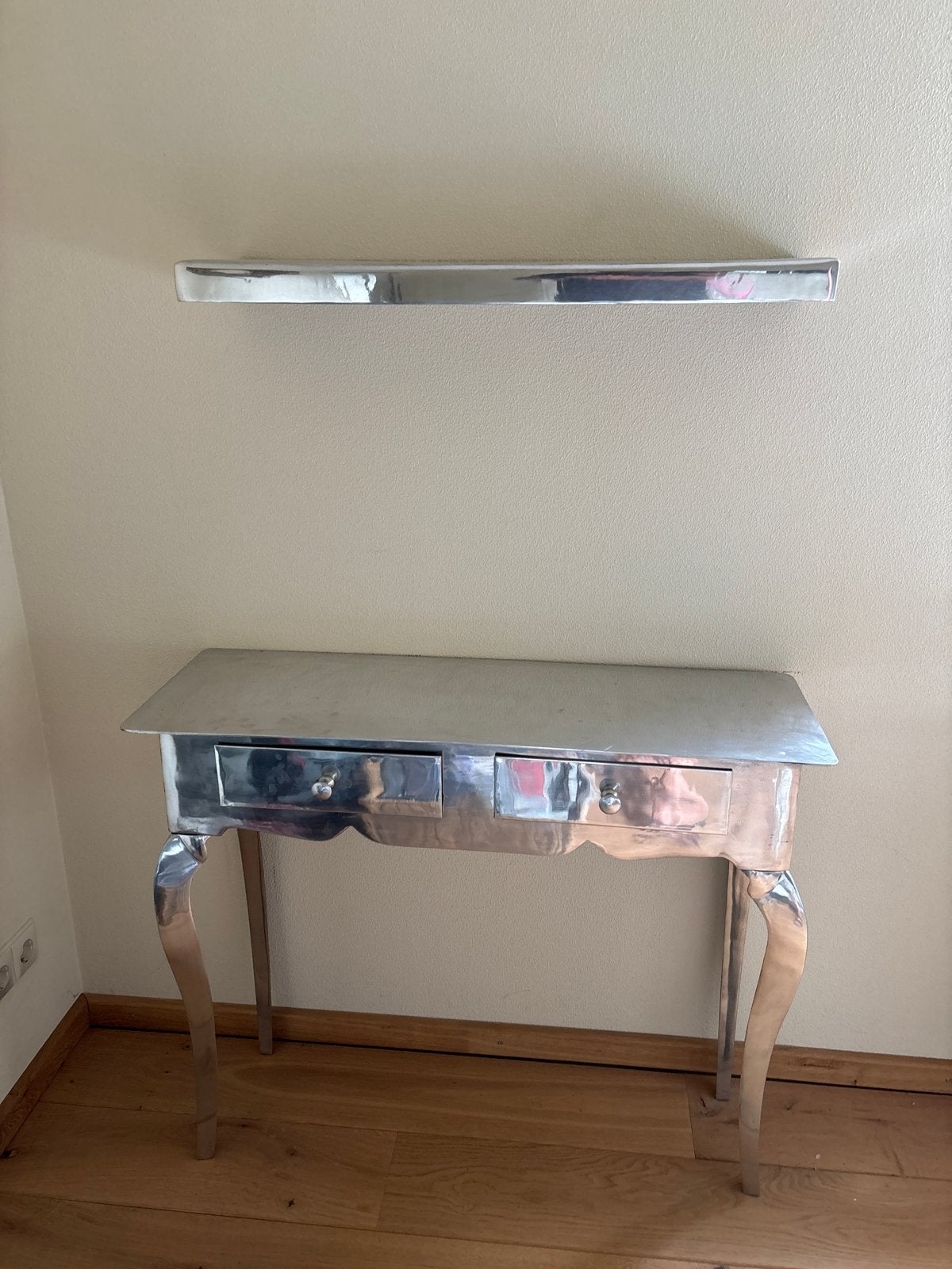 Zilverkleurige console tafel met lade en bijpassende plank, Ophalen, Gebruikt