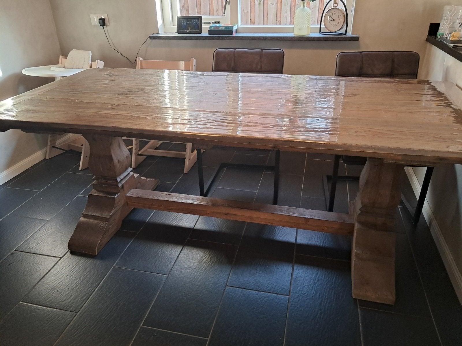 Robuuste landelijke eettafel, Ophalen, Gebruikt, 200 cm of meer, 50 tot 100 cm