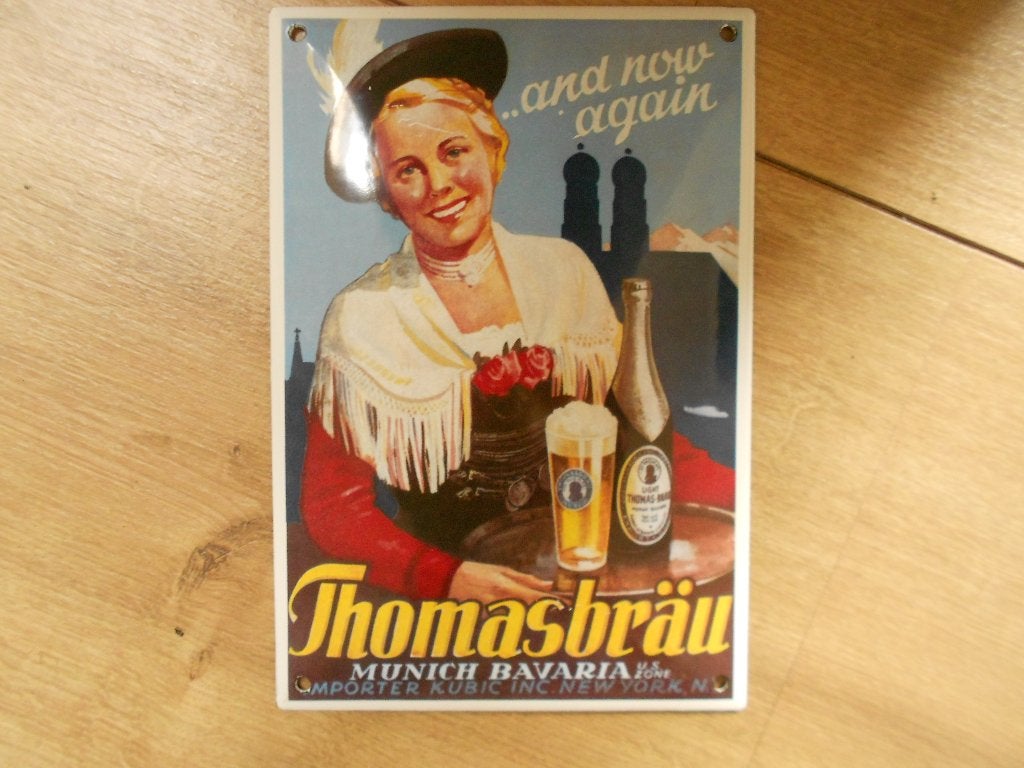Emaille reclamebord plaat schild thomasbrau bier bavaria, Verzamelen, Ophalen of Verzenden, Gebruikt, Reclamebord