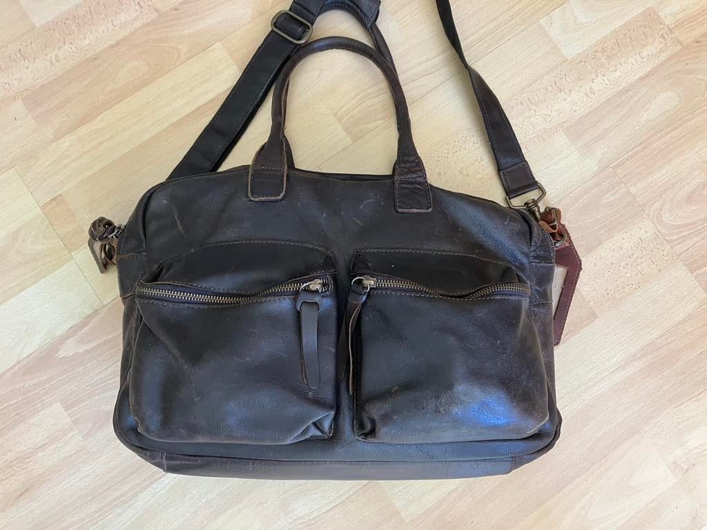 Cowboysbag grote bruine gevet leren tas/reistad igs, 40 tot 60 cm, 30 cm of meer, Gebruikt, Bruin