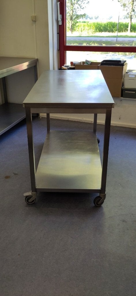 RVS werktafel met bodemschap en wielen, Ophalen, Gebruikt, 100 tot 150 cm, Minder dan 100 cm