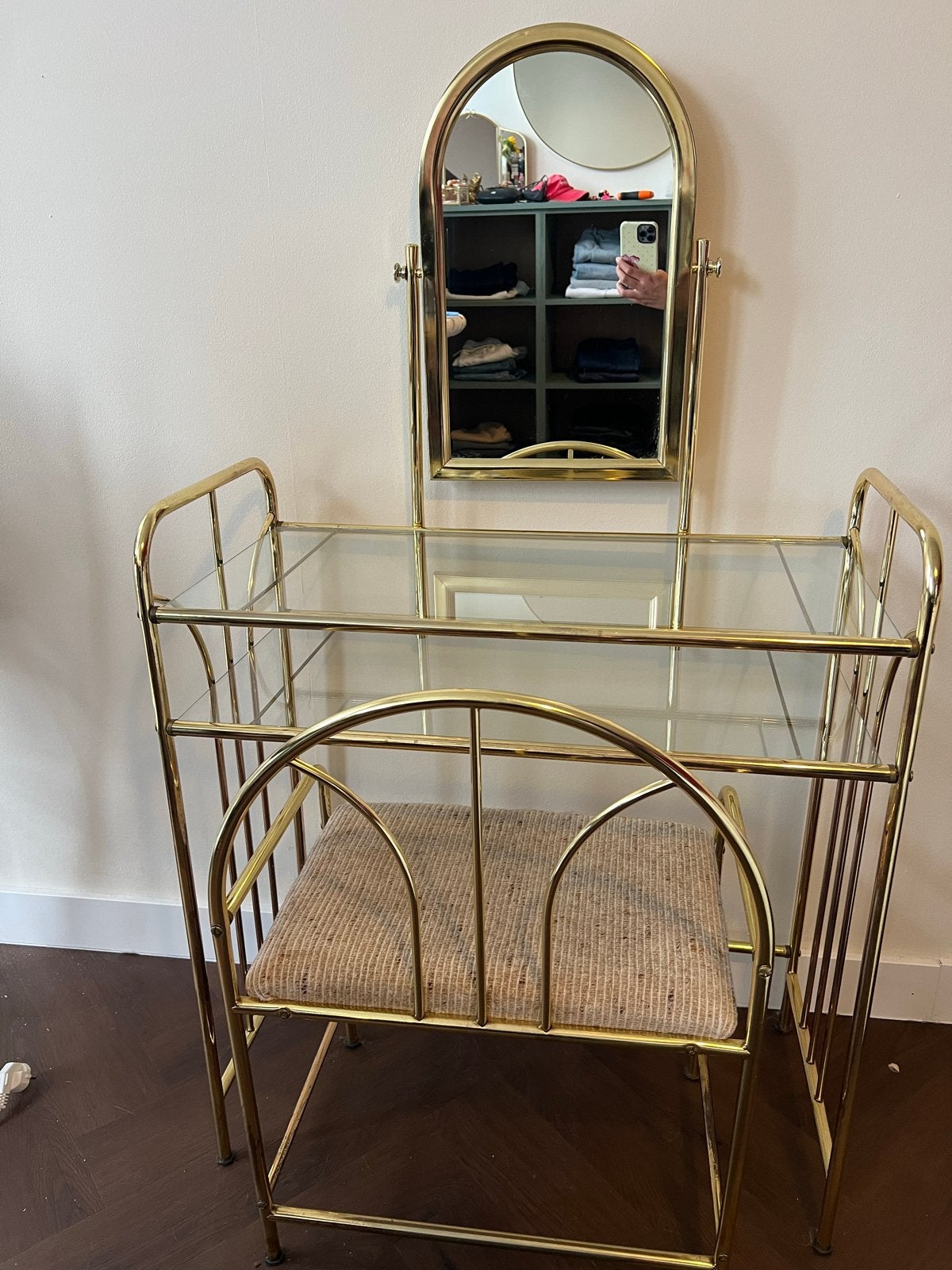 Vintage gouden kaptafel met spiegel en stoel, Ophalen, Gebruikt, Metaal of Aluminium, 100 tot 150 cm