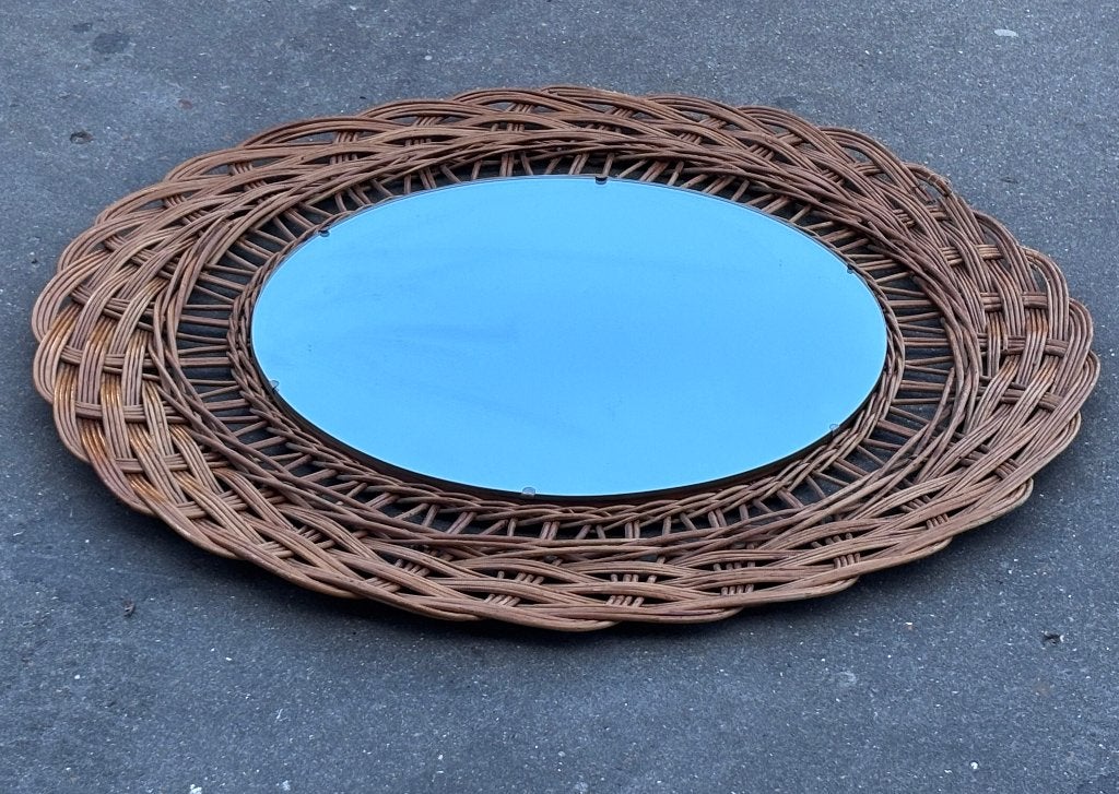 Vintage XL rotan riet spiegel, 60's design, Vintage spiegel, Ophalen of Verzenden, Zo goed als nieuw, 75 tot 100 cm