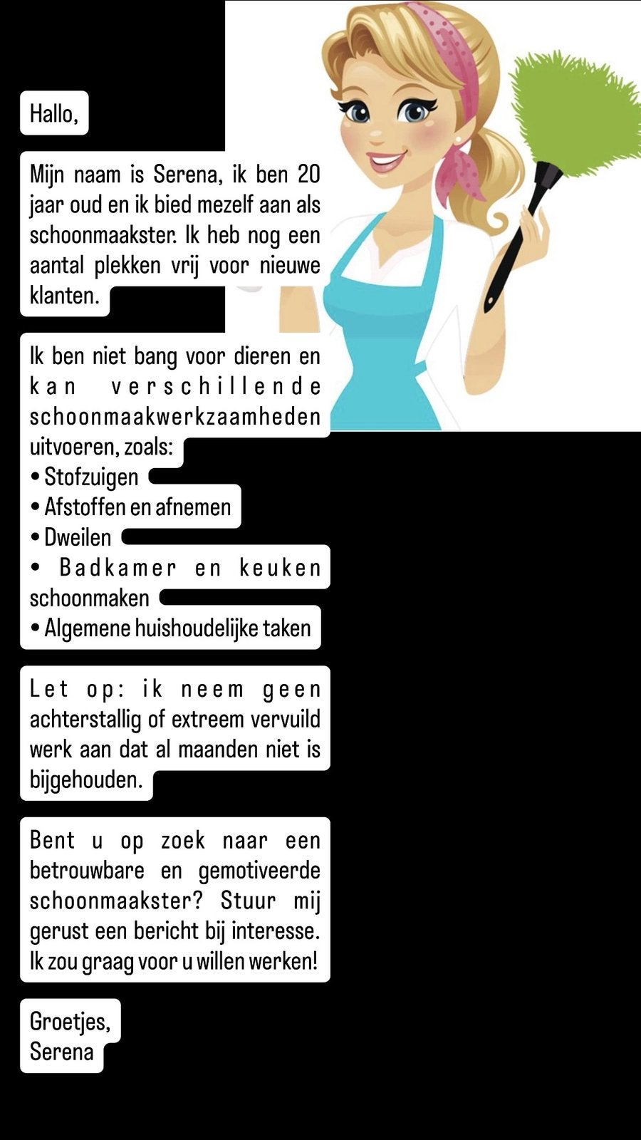 Top schoonmaakster die u zoekt?, Overige niveaus, Overige vormen