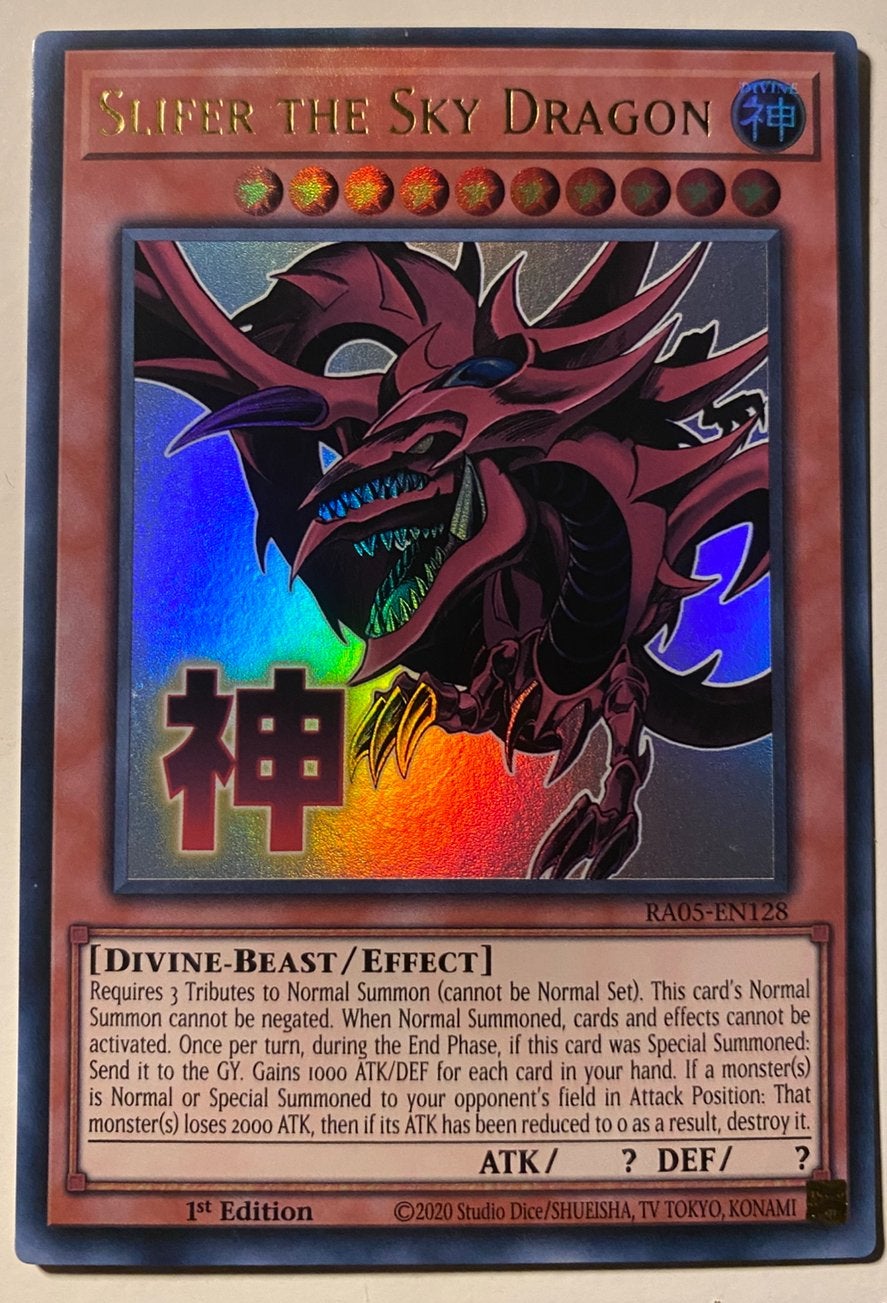 Yu-Gi-Oh! Stamped Slifer the Sky Dragon RA05 1st Edition !, Ophalen of Verzenden, Zo goed als nieuw, Losse kaart, Foil