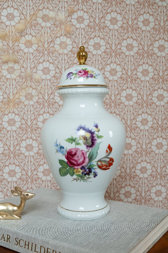Vintage Bareuther Bavaria dekselvaas bloemen goud, Ophalen of Verzenden