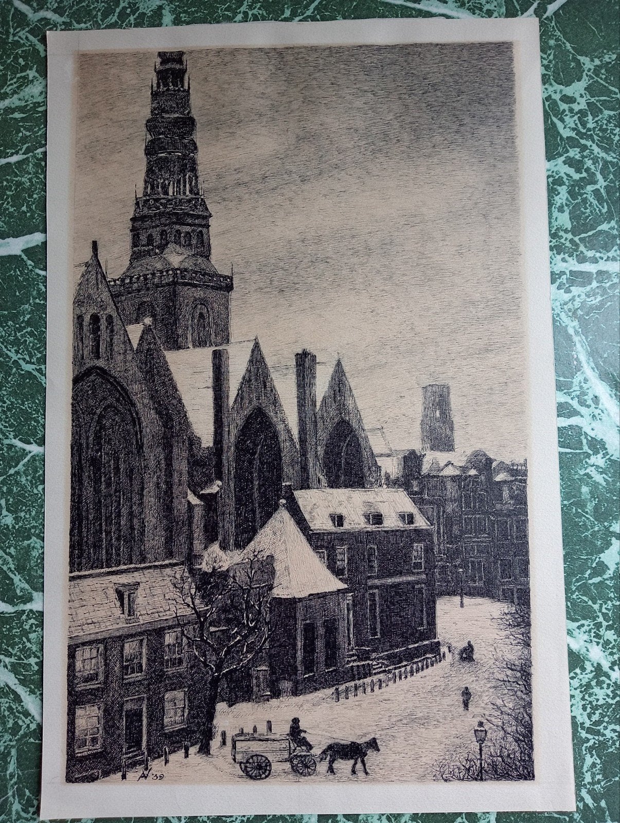 Prent Grote Kerk in Amsterdam monogram AV jaartal 1938, Ophalen of Verzenden