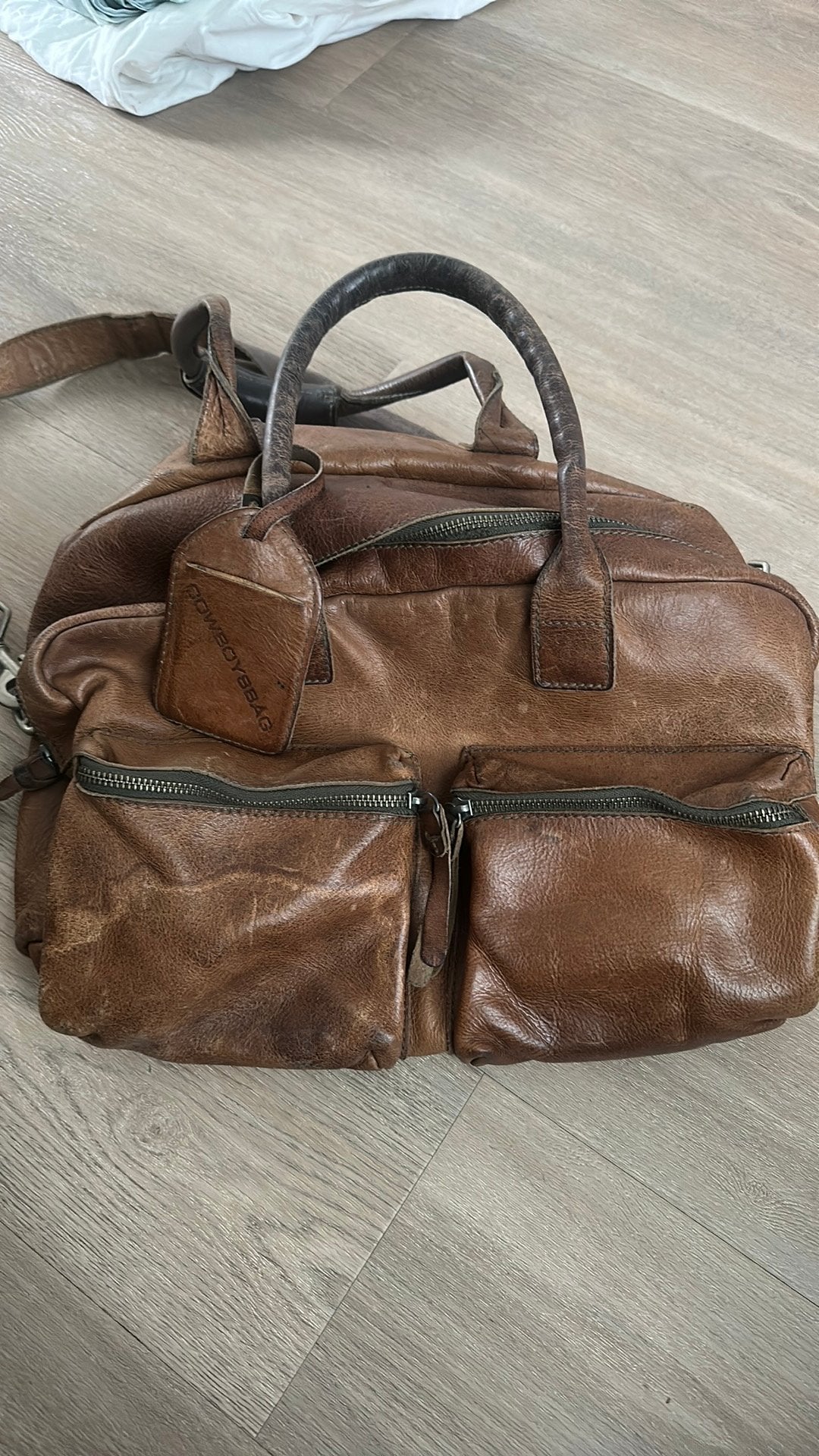 Cowboysbag leren schouder-/werktas cognac – Origineel, Ophalen of Verzenden, Zo goed als nieuw