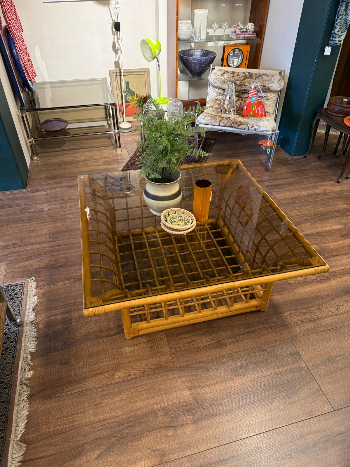 Vintage rotan salontafel met glazen blad, Overige materialen, Gebruikt, Vierkant, 5 – 50