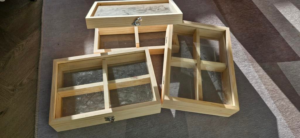 3 houten/glazen kistjes Action met 4 verdeelvakken, Huis en Inrichting, Ophalen, Zo goed als nieuw, Minder dan 50 cm, Minder dan 50 cm