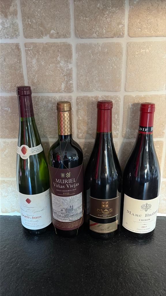 Wijncollectie: Riesling, Rioja, Chinon - 4 flessen, Verzamelen, Wijnen, Gebruikt, Rode wijn, Frankrijk, Vol, Ophalen of Verzenden