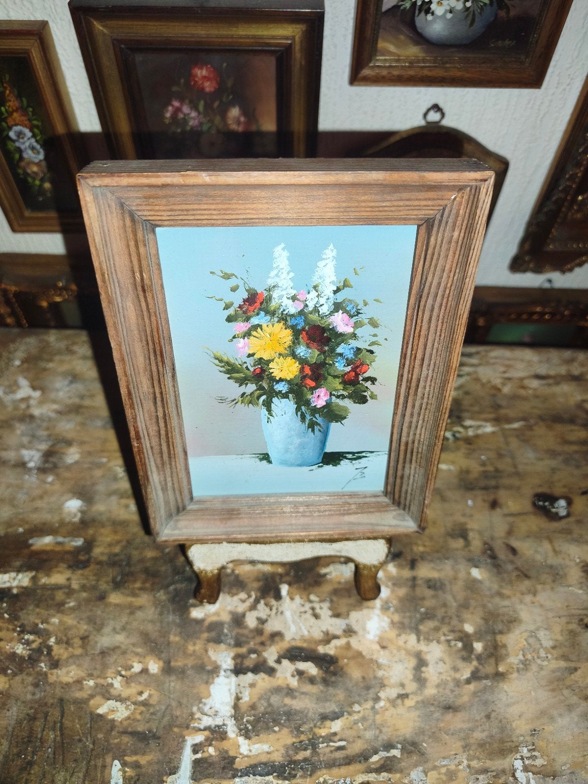 oud schilderijtje schilderij lijst stilleven bloemen Y16, Ophalen of Verzenden