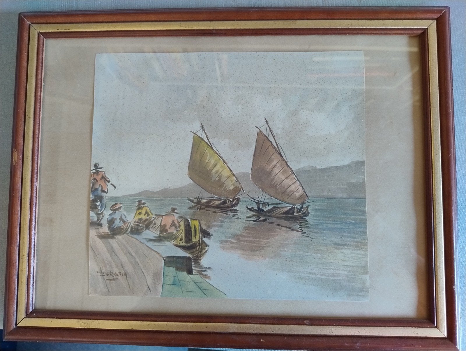 Vintage aquarel van vissersboten aan de kade, gesigneerd, Antiek en Kunst, Kunst | Schilderijen | Klassiek, Ophalen of Verzenden