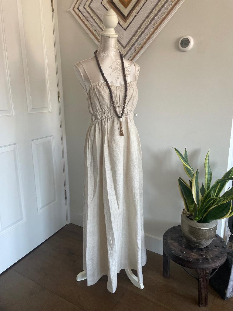 Prachtige Linnen Lange Jurk, merk Jaase, maat L, Kleding | Dames, Beige, Ophalen of Verzenden, Zo goed als nieuw, Onder de knie