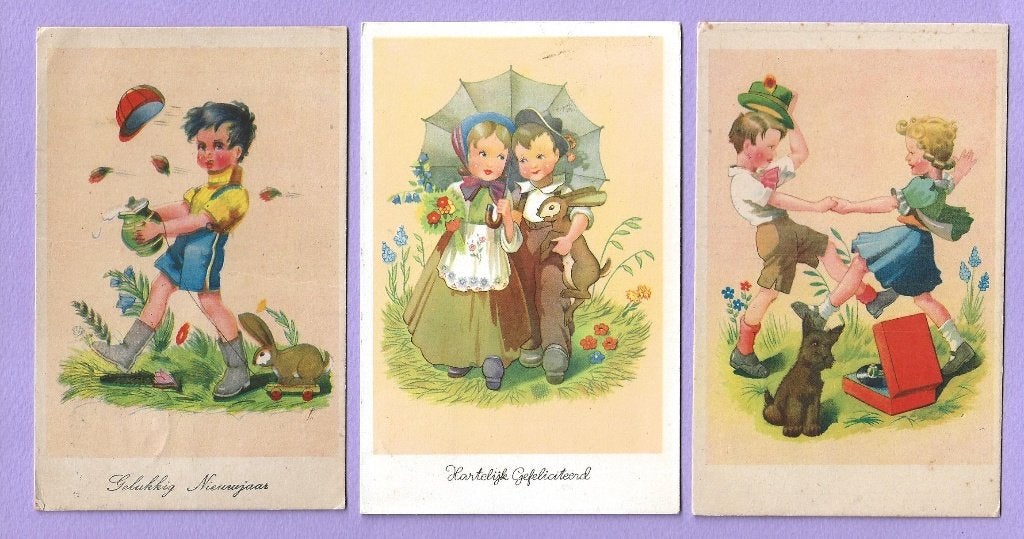 oude kinderkaarten -kinderen -konijn -grammofoon -hondje, Ophalen of Verzenden, 1940 tot 1960, Gelopen, Kinderen
