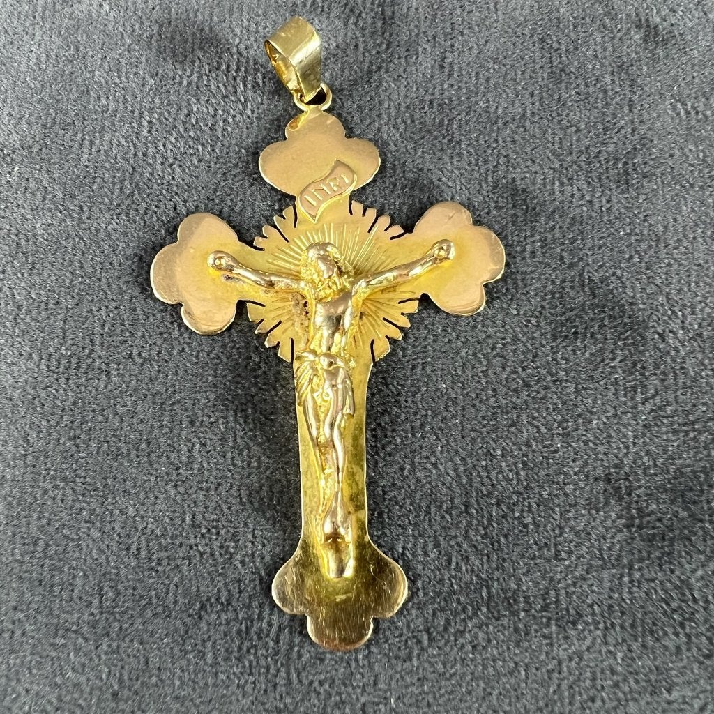 Gouden Hanger | 14k | 15,52g | kruis corpus | 7,4cm | 414883, Gebruikt, Ophalen of Verzenden, Kruis of Symbool, Goud