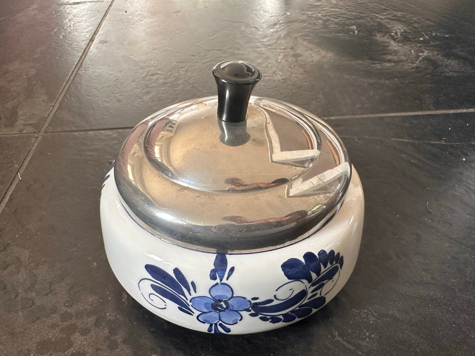 Vintage Delfts Blauw tabakpot met Metalen Deksel, Ophalen of Verzenden