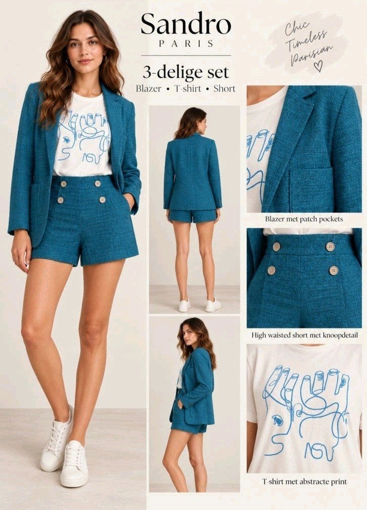 SANDRO PARIS Pak: Blazer,  Broekje & T-Shirt Maat 34/36✨️✨️, Sandro Paris, Kostuum of Pak, Blauw, Ophalen of Verzenden