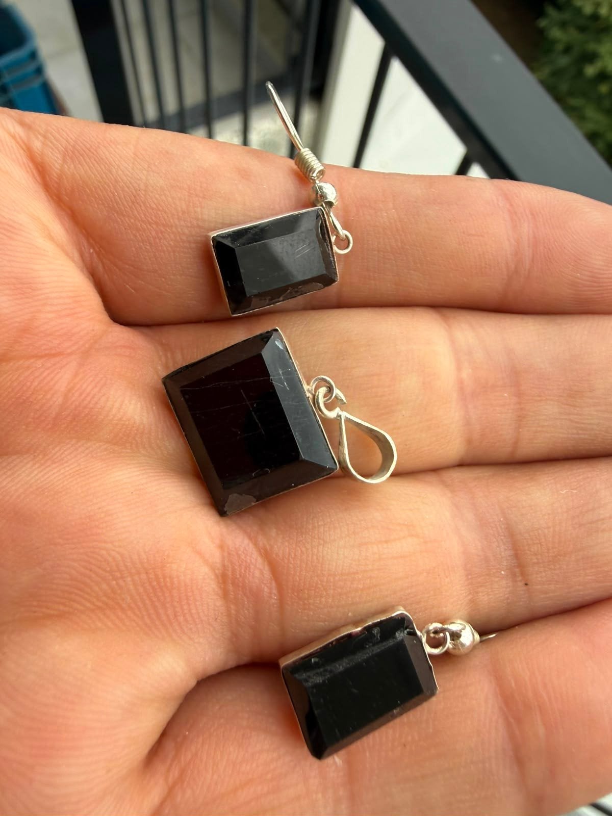 Toermalijn Zilveren Hanger en Oorbellen Set N81 - 5.4 gram, Zwart, Ophalen of Verzenden, Met edelsteen, Zilver