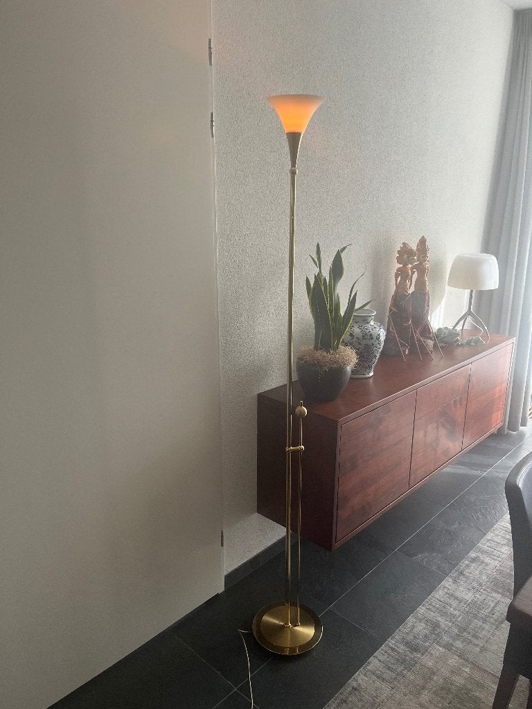 Staande hallogeen dimbare messing lamp, Ophalen, Klassiek strak, Zo goed als nieuw, Metaal