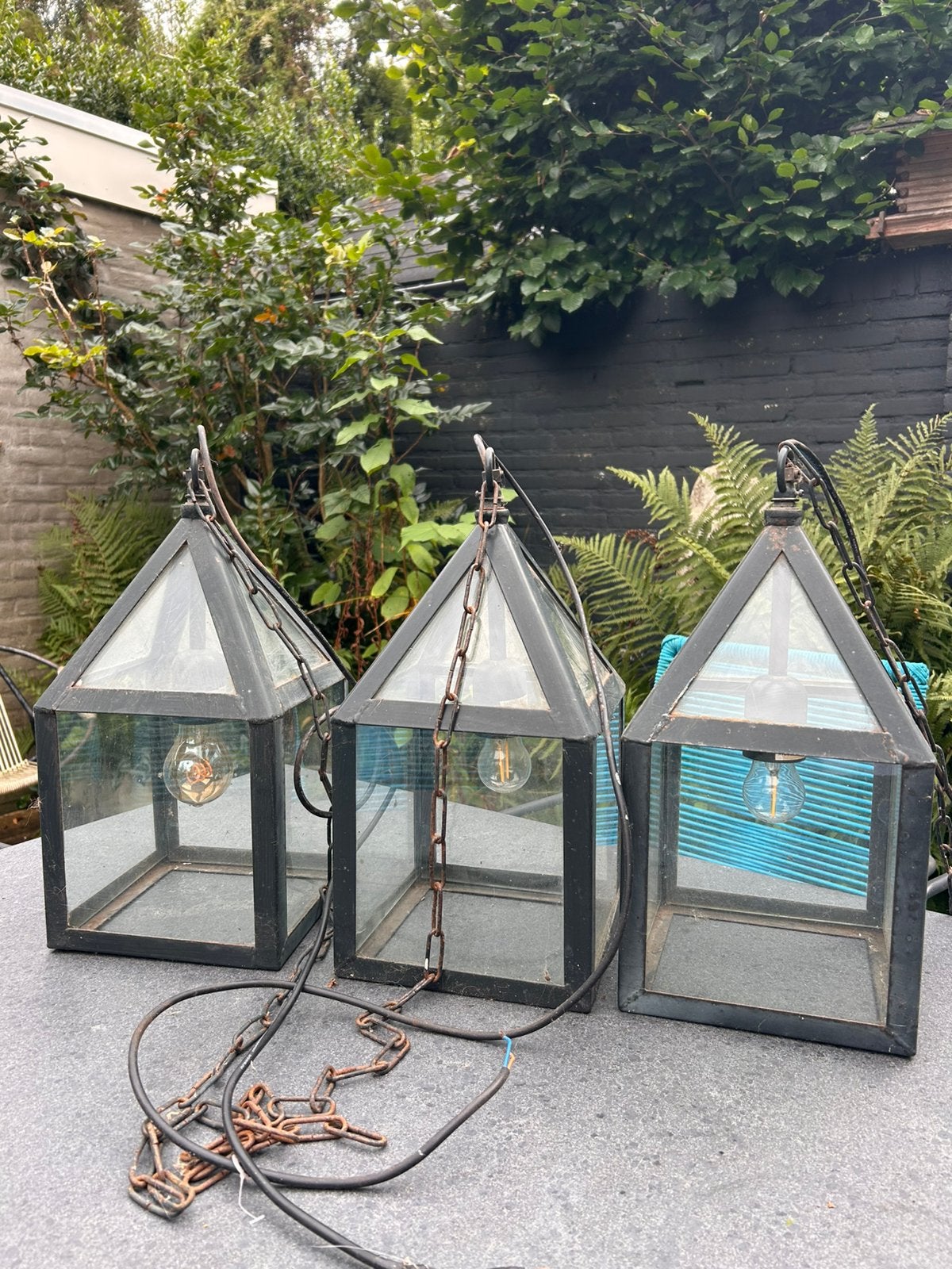 3 romantische lampen van ijzer en glas, Huis en Inrichting, Ophalen, Gebruikt, Romantisch, E27 (groot)