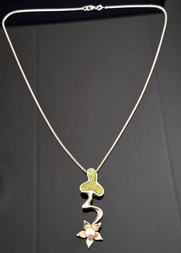 Schitterende Sterling Zilveren Ketting & Parel Bloem Hanger, Ophalen of Verzenden, Zo goed als nieuw, Met edelsteen, Zilver