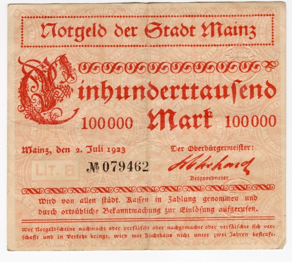 Duitsland noodgeld 100.000 Mark Mainz 1923 schaars, Verzenden, Duitsland
