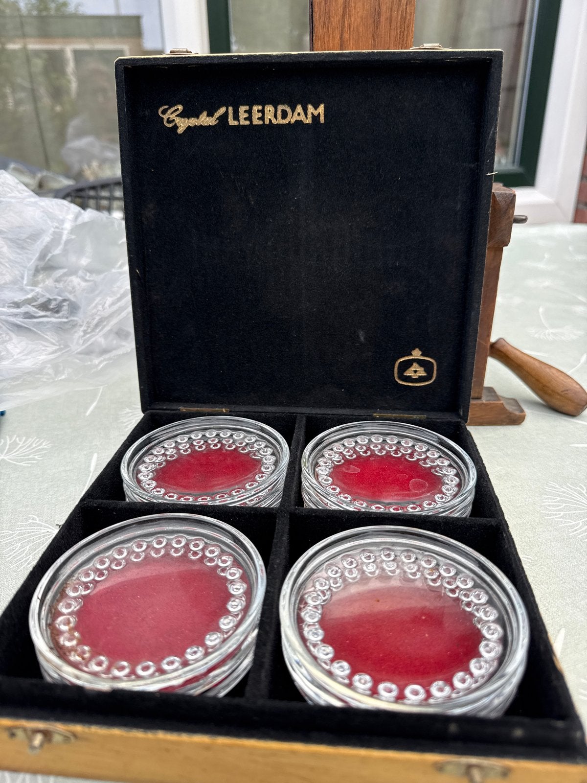 Vintage Kristal Leerdam onderzetters in houten kistje (12 st, Antiek en Kunst, Ophalen of Verzenden