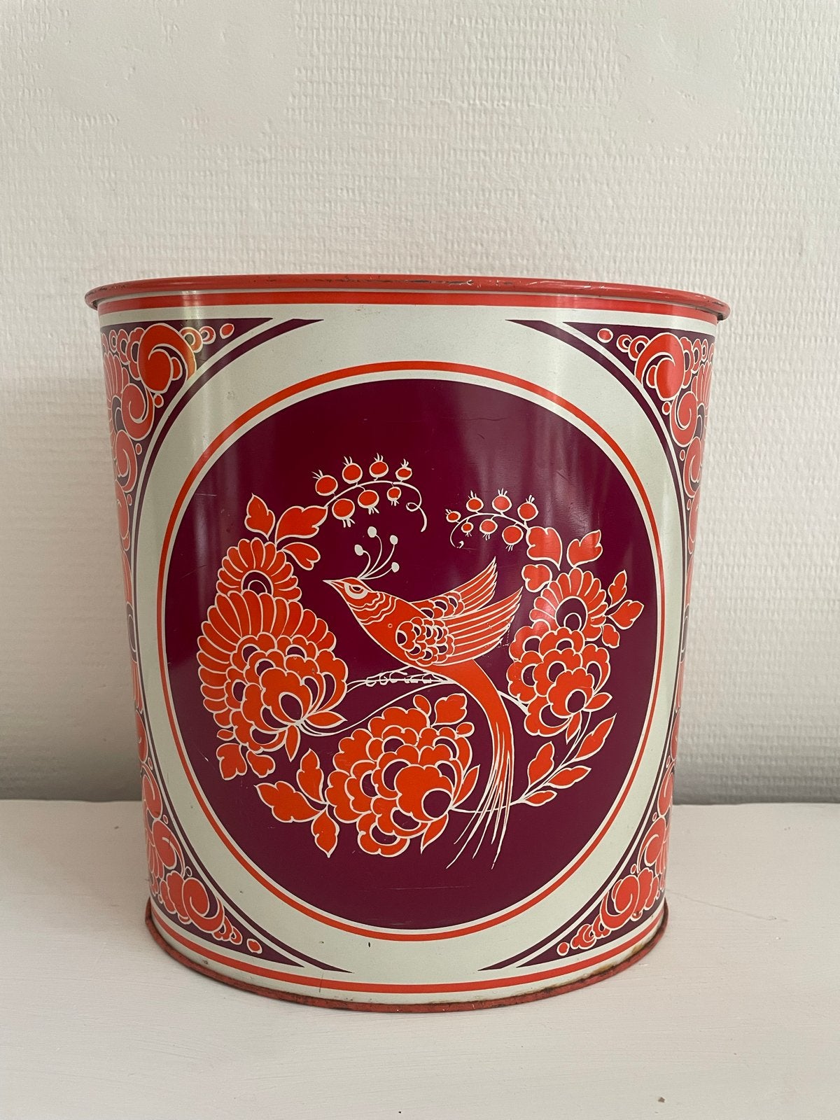 Vintage Tomado metalen prullenbakje met vogelprint, Ophalen, Gebruikt, Minder dan 10 liter, Metaal
