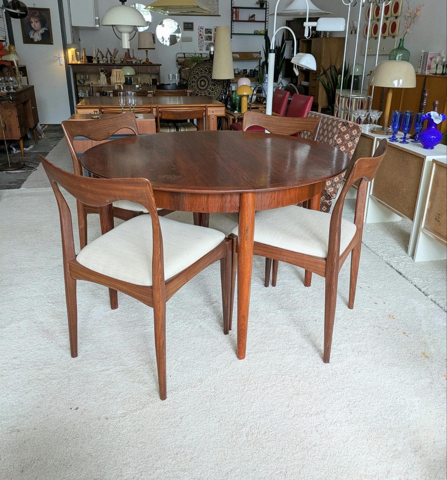 Vintage palissander houten ronde uitschuifbare eettafel, Ophalen, Gebruikt, ., 150 tot 200 cm