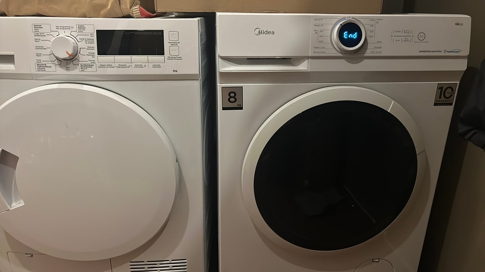In één koop: wasmachine en wasdroger zo goed als nieuw, 6 tot 8 kg, Ophalen of Verzenden, Zo goed als nieuw, 85 tot 90 cm