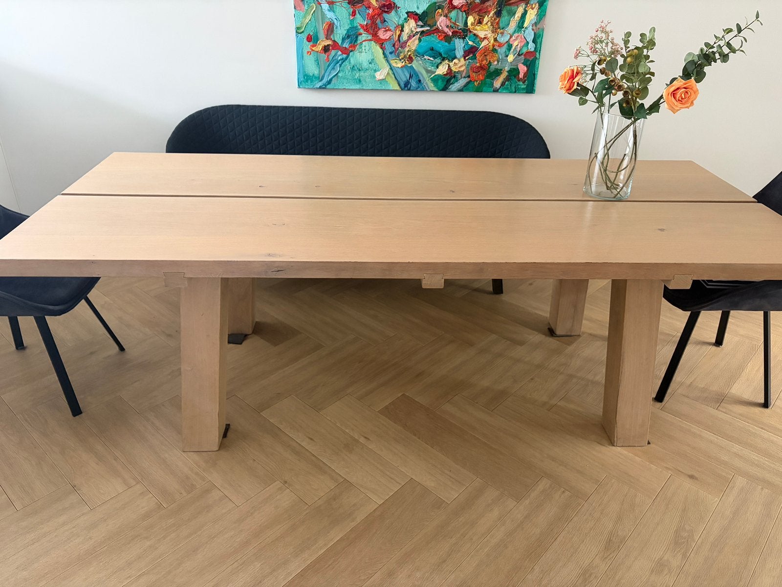 Eettafel van Van Rossem 240 cm lang, Ophalen, Eikenhout, 200 cm of meer, 50 tot 100 cm
